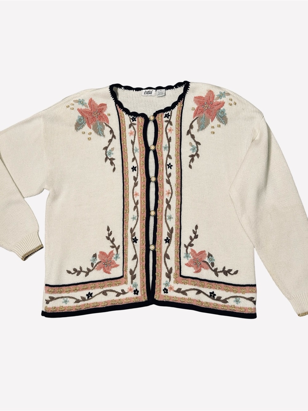 Vintage Lucia Sweater Cardigan Size XL Pink & Brown Embroidery Iridescent Gold